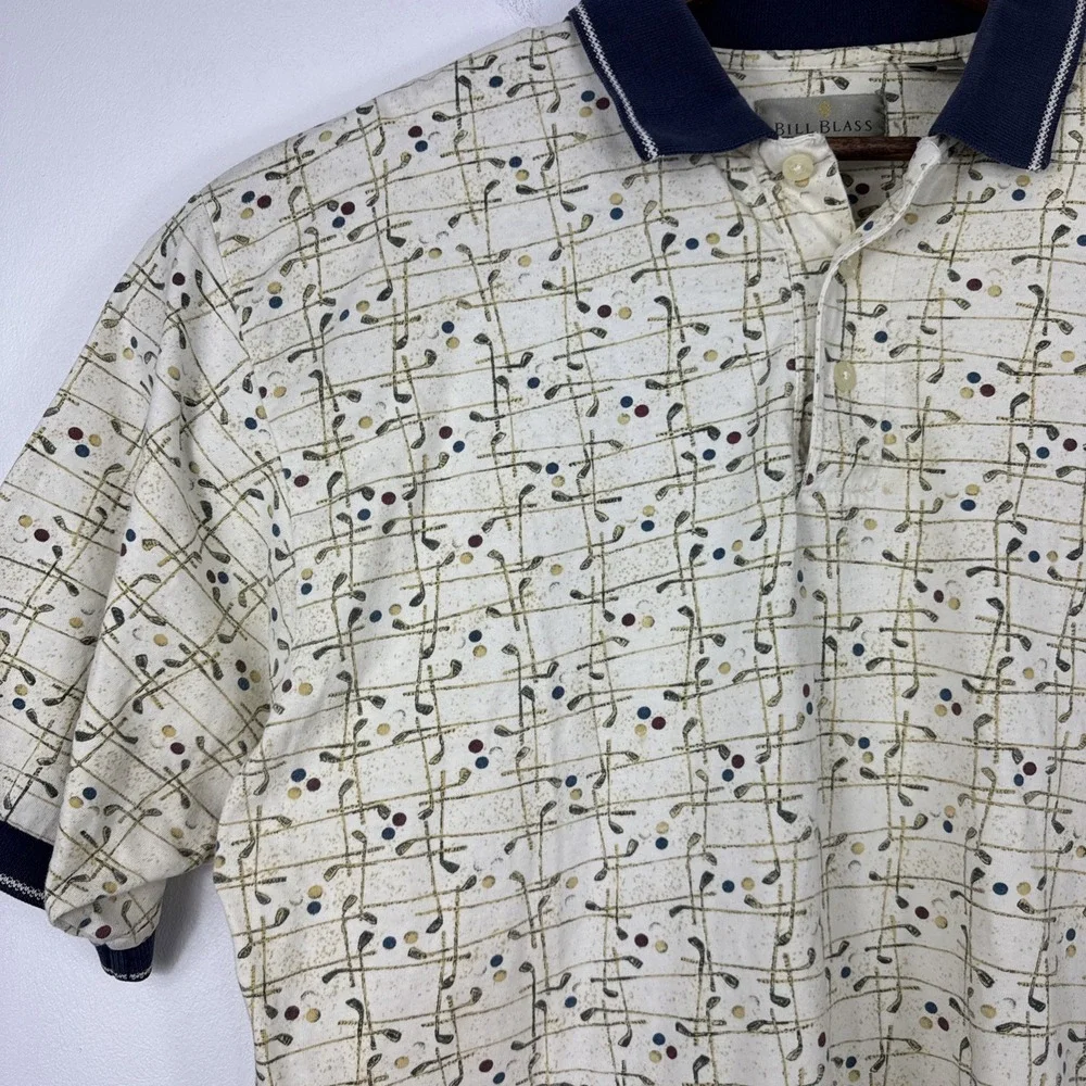 Vintage 90s Bill Blass Golf Polo Men XL Ivory Golf Club Graphic 100 Cotton Shirt - Picture 3 of 7